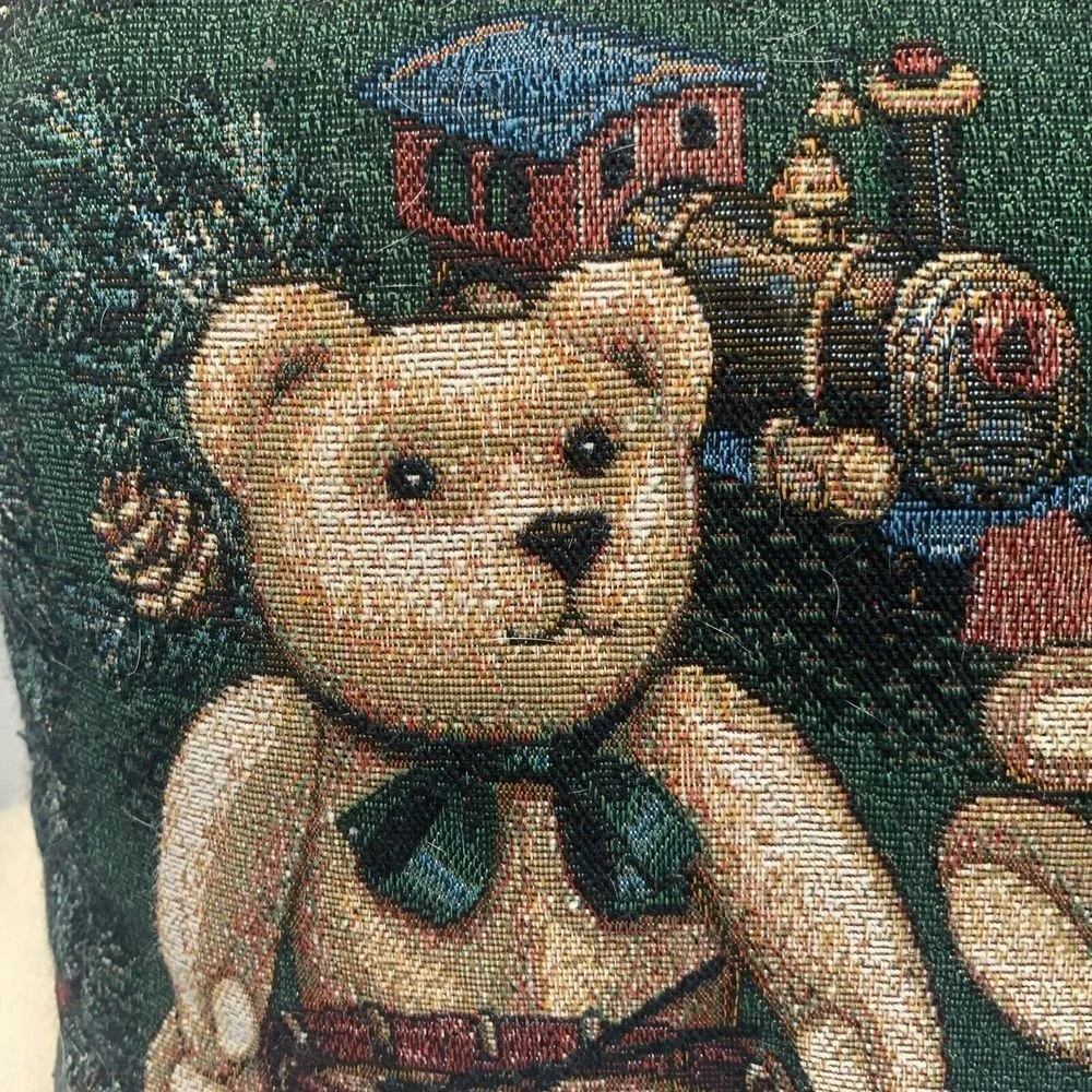 Vintage Christmas Teddy Bear Tapestry Square Throw Pillow‎ Toys Train Drum